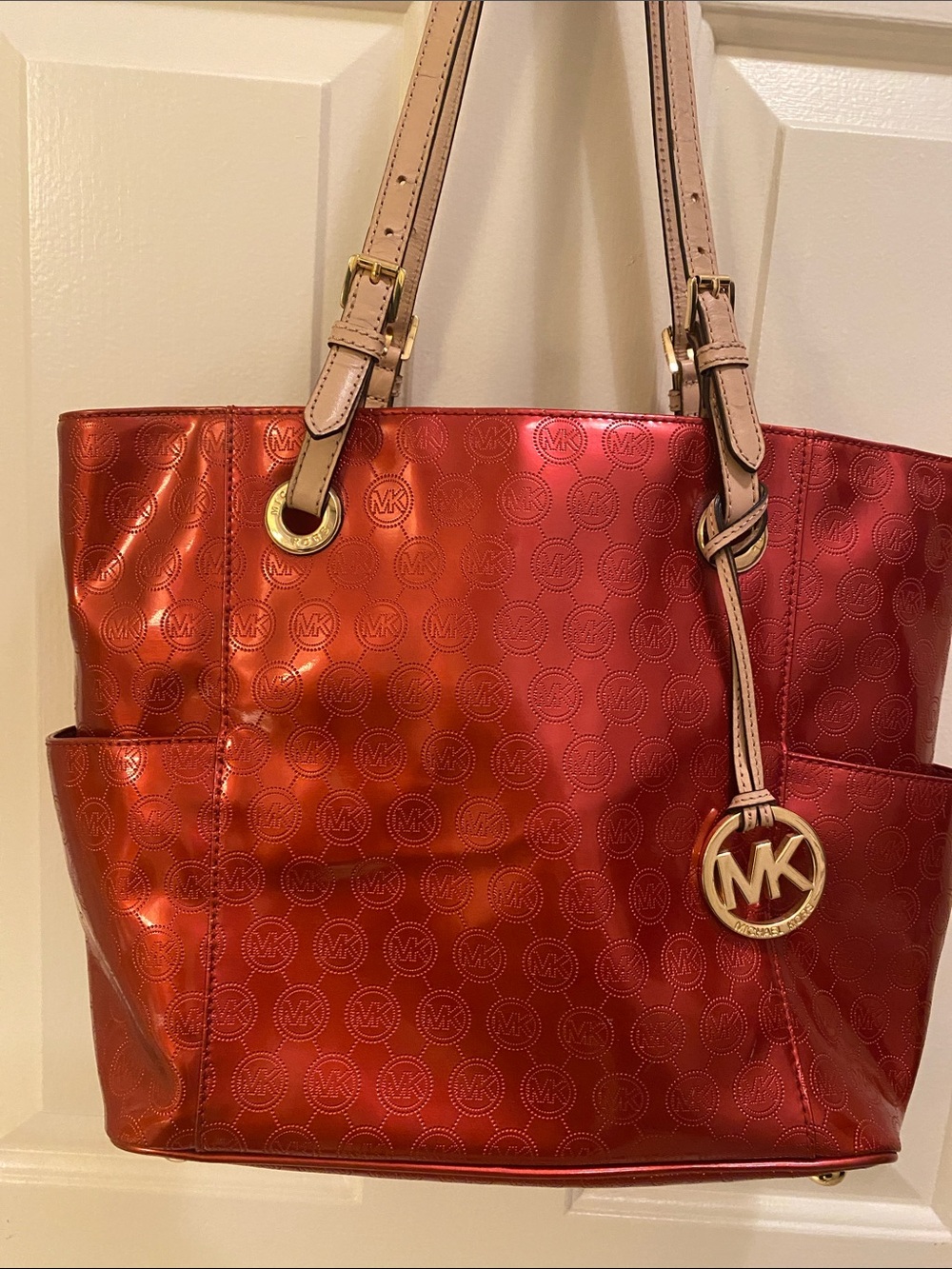 Michael Kors Red Metallic Tote with Beige Straps